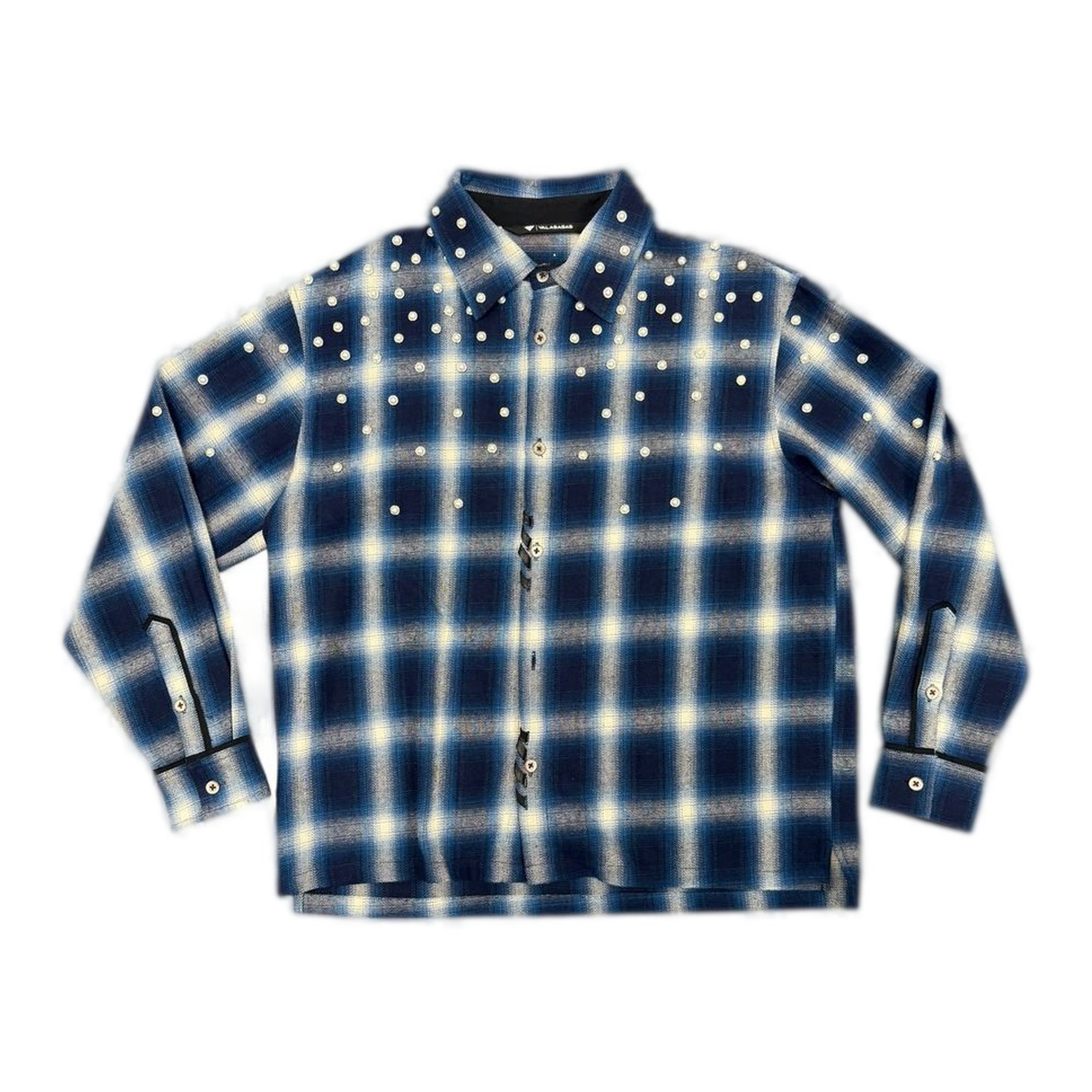 Valabasas Cadence Plaid Button-Down Shirt with Pearl Embellishments