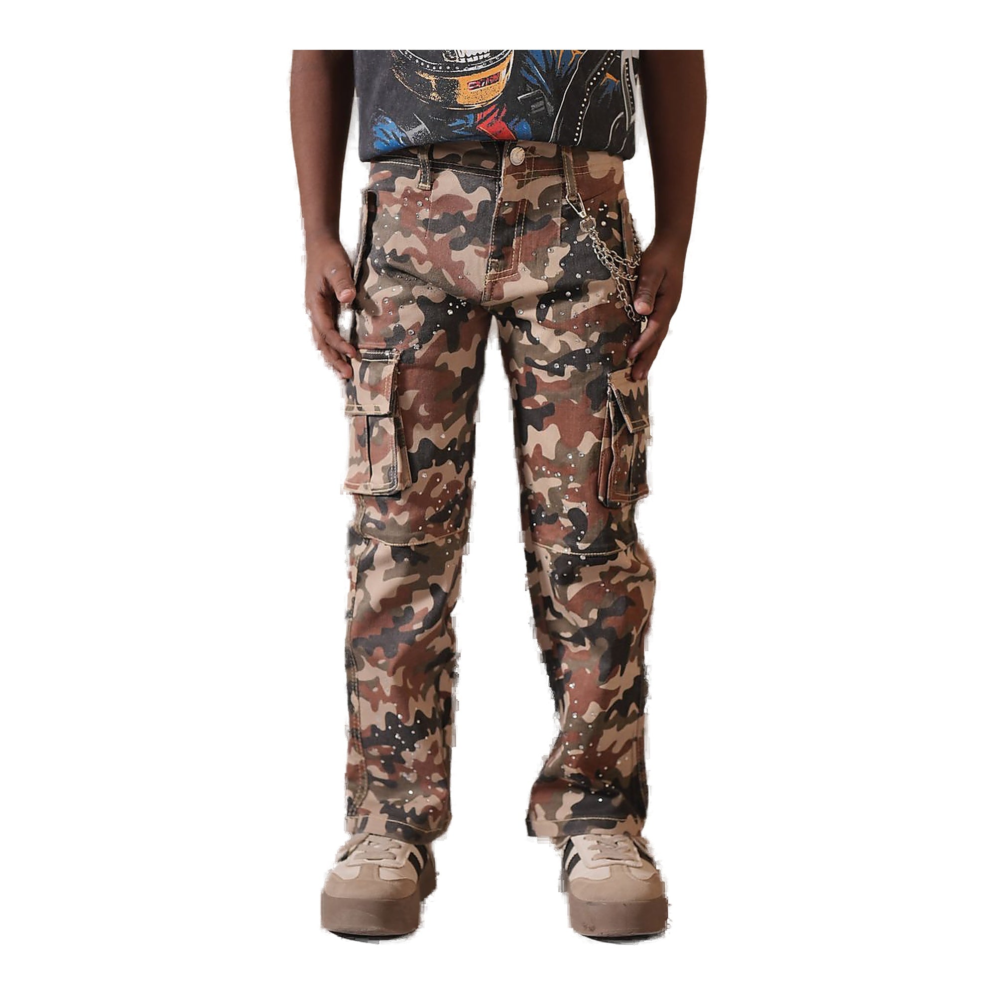 Elite Kids Embellished Baggy Denim Cargo Pants - Camouflage