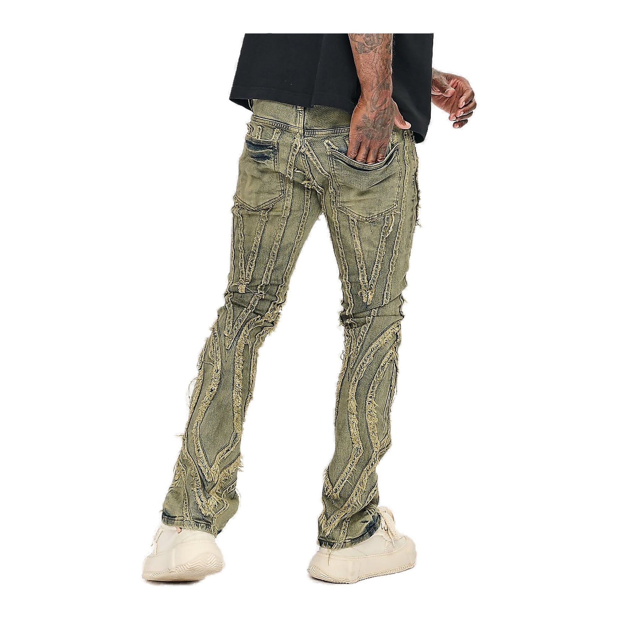 Valabasas Frayed Denim Jeans - Layered Panels Green