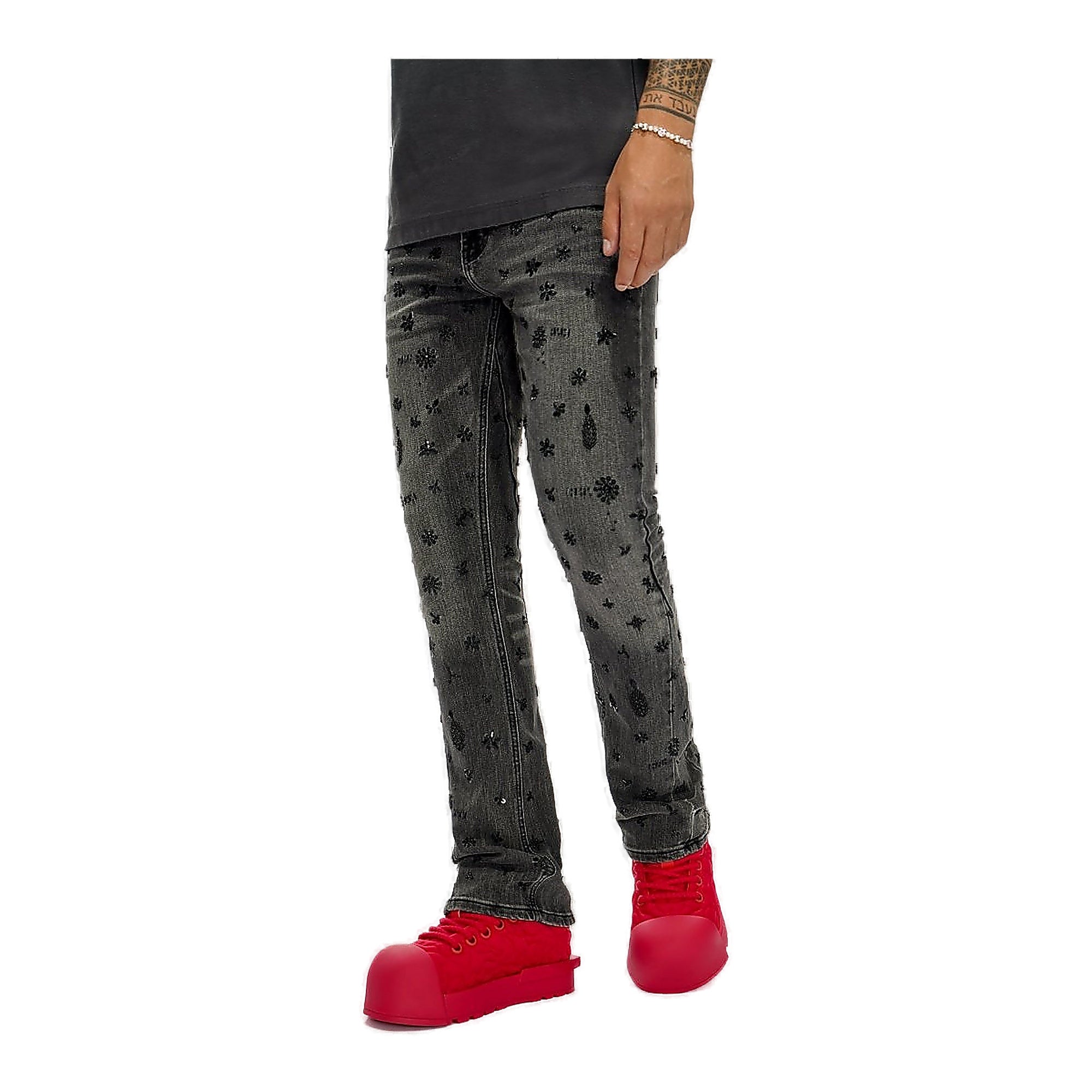 Valabasas Floral Jeans - Beaded Embellishments Grey Wash
