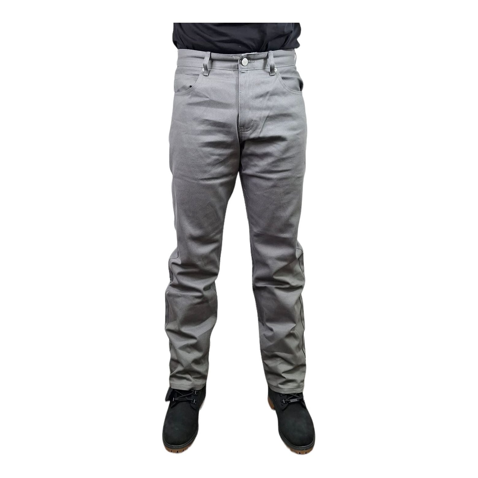 A pair of men's light grey non-stretch twill jeans displayed on a model against a white background.