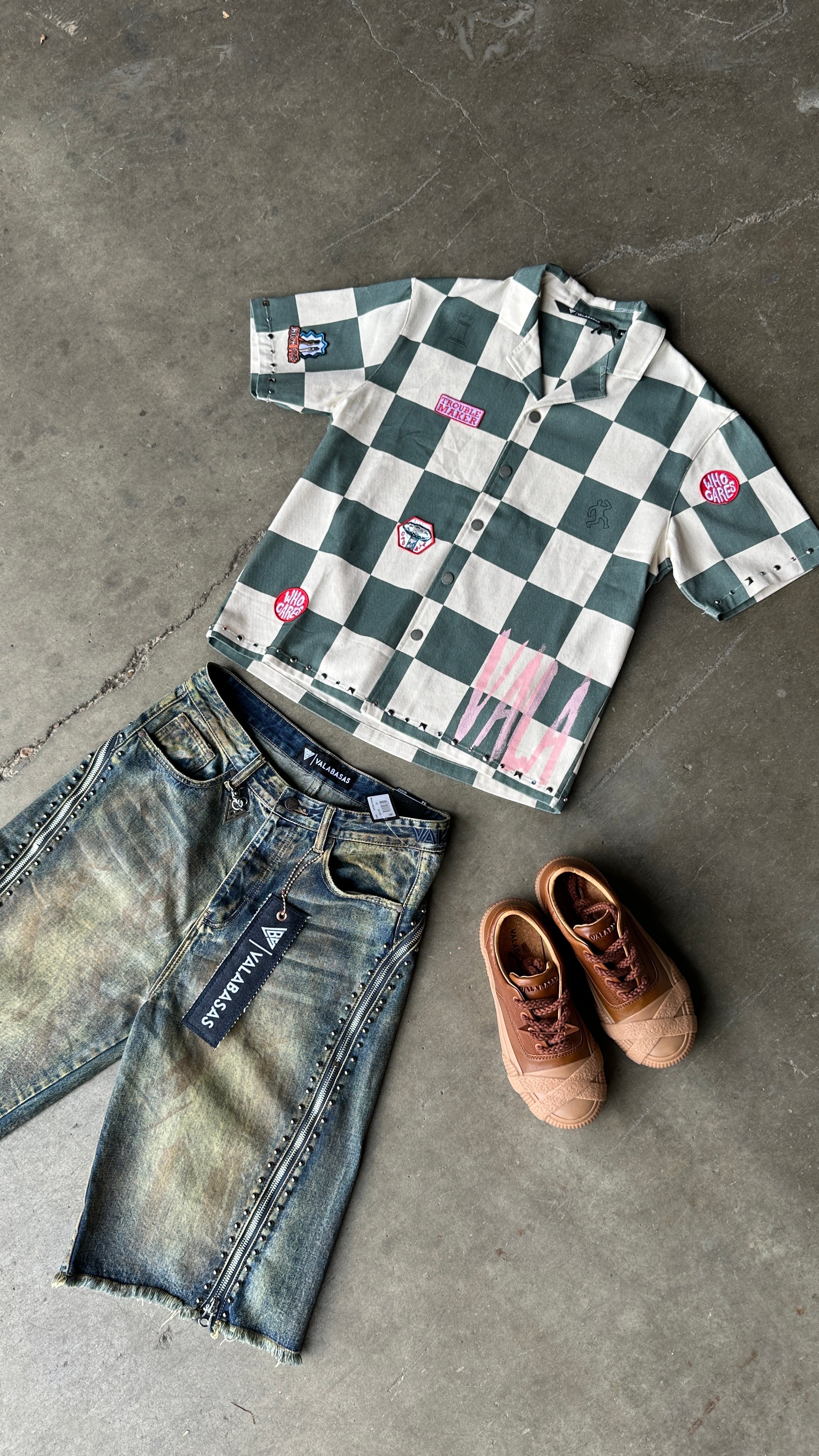 Valabasas Checkerboard Shirt - Studded Green Cream