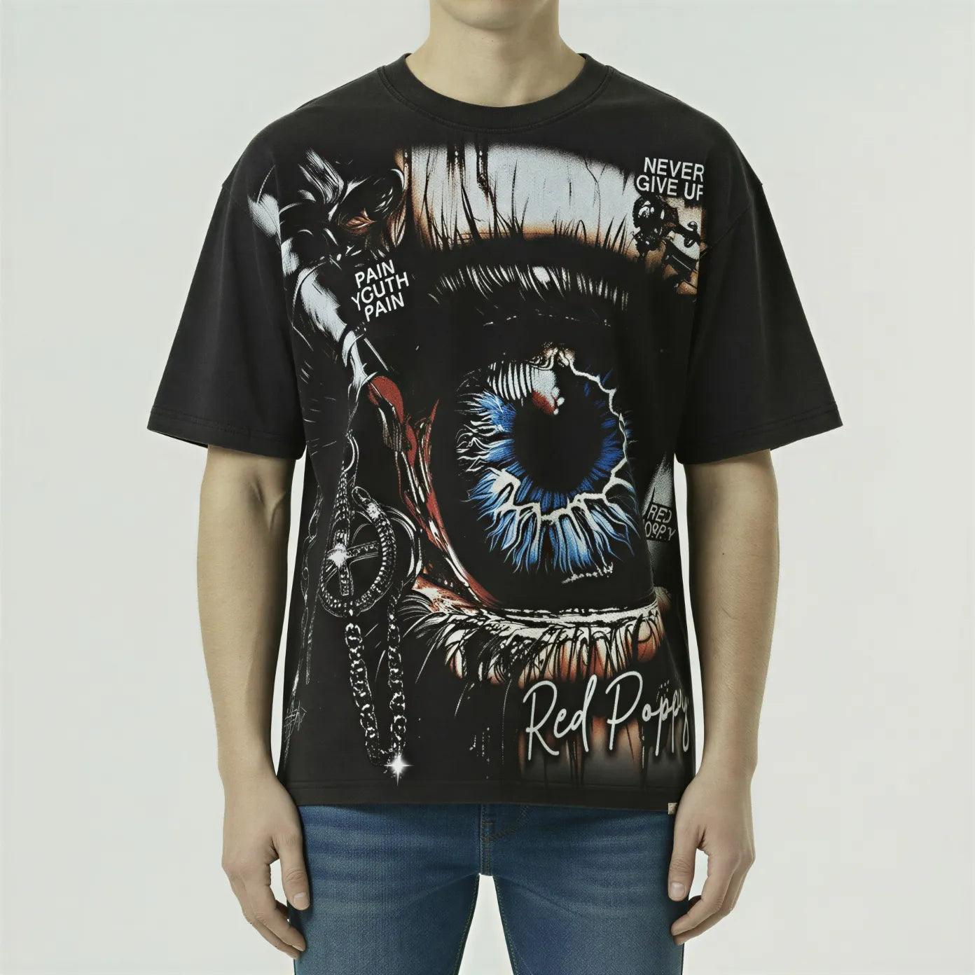 Red Poppy Vintage Black T-Shirt - Classic Design