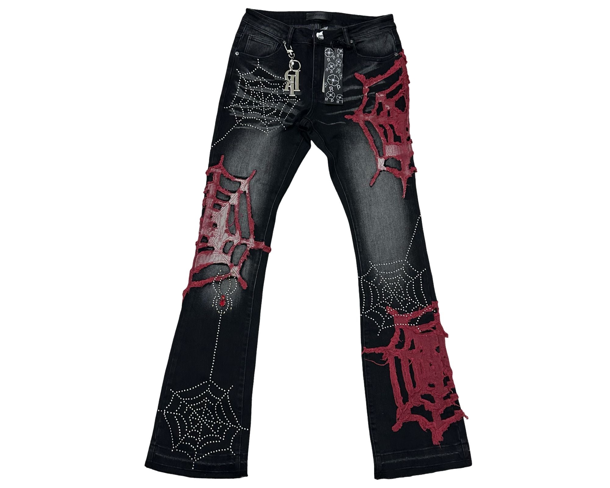 Red Poppy Web Jeans - Stacked Flare