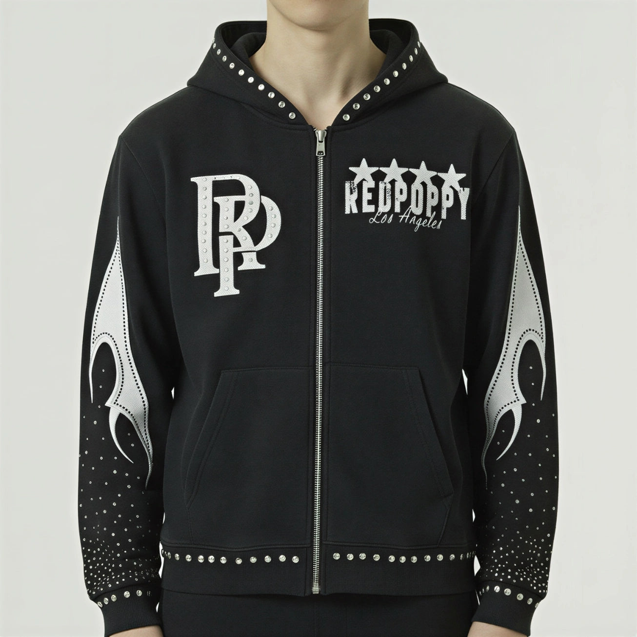 Red Poppy Zip Up Hoodie - Black