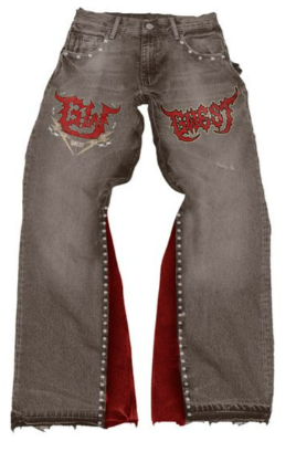 G-West Patchwork Denim Jeans with Red Accents