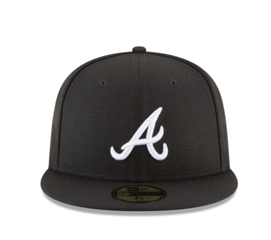 Black baseball cap with a white logo on a white background