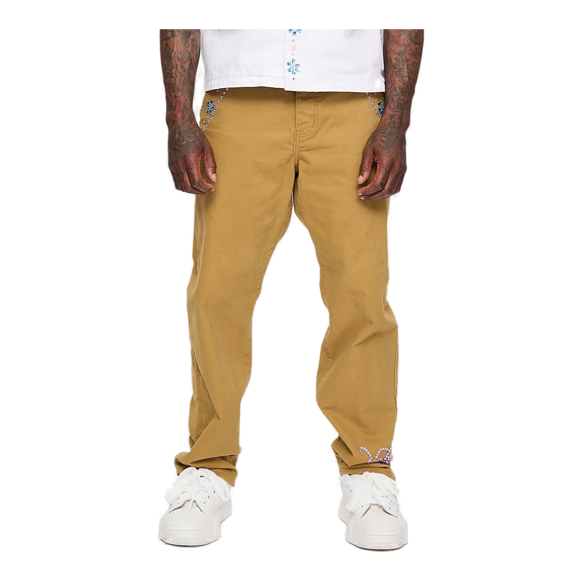 Valabasas Floral Chino Pants - Embellished Khaki