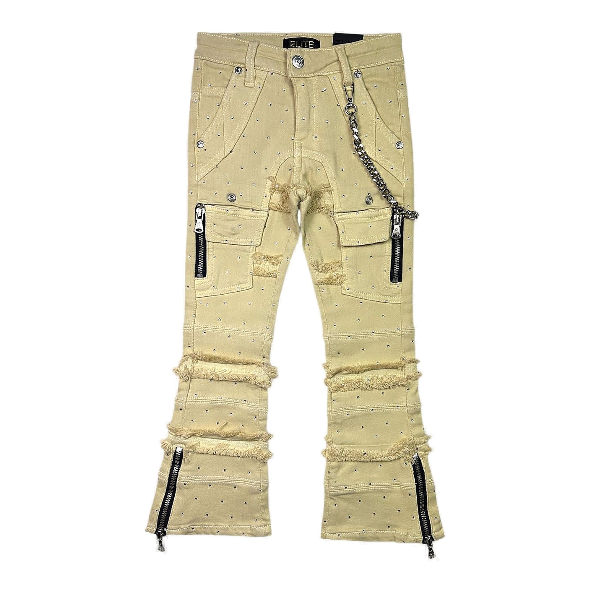 Elite Premium Youth Rhinestone+Chain Jeans - Beige