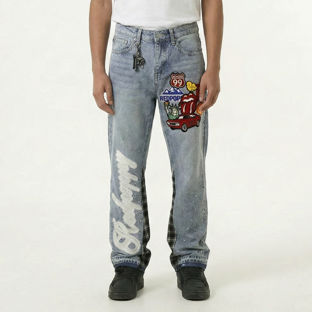 Red Poppy Patch Jeans - Embellished