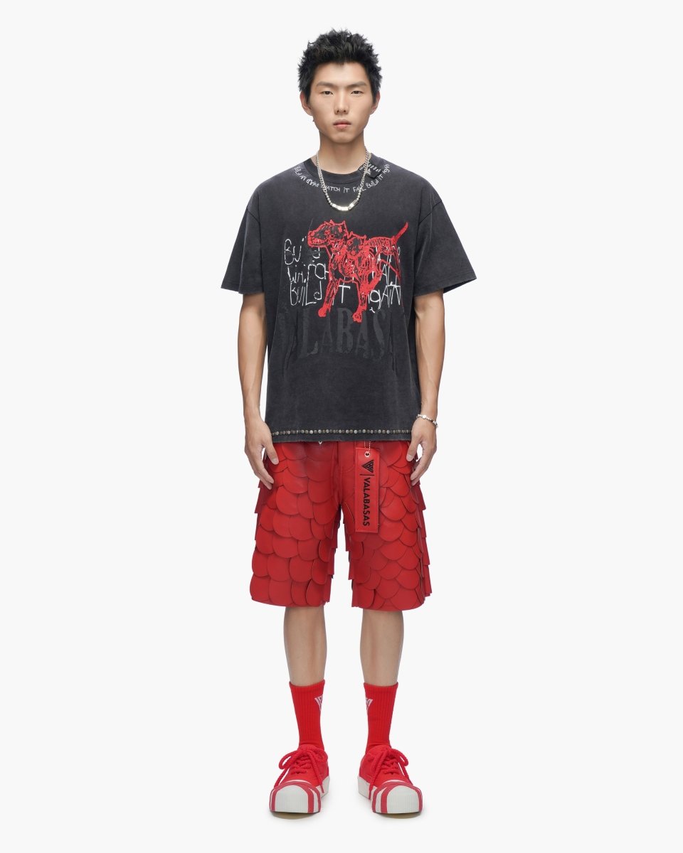 Dragon Scales Leather Shorts Red - Valabasas