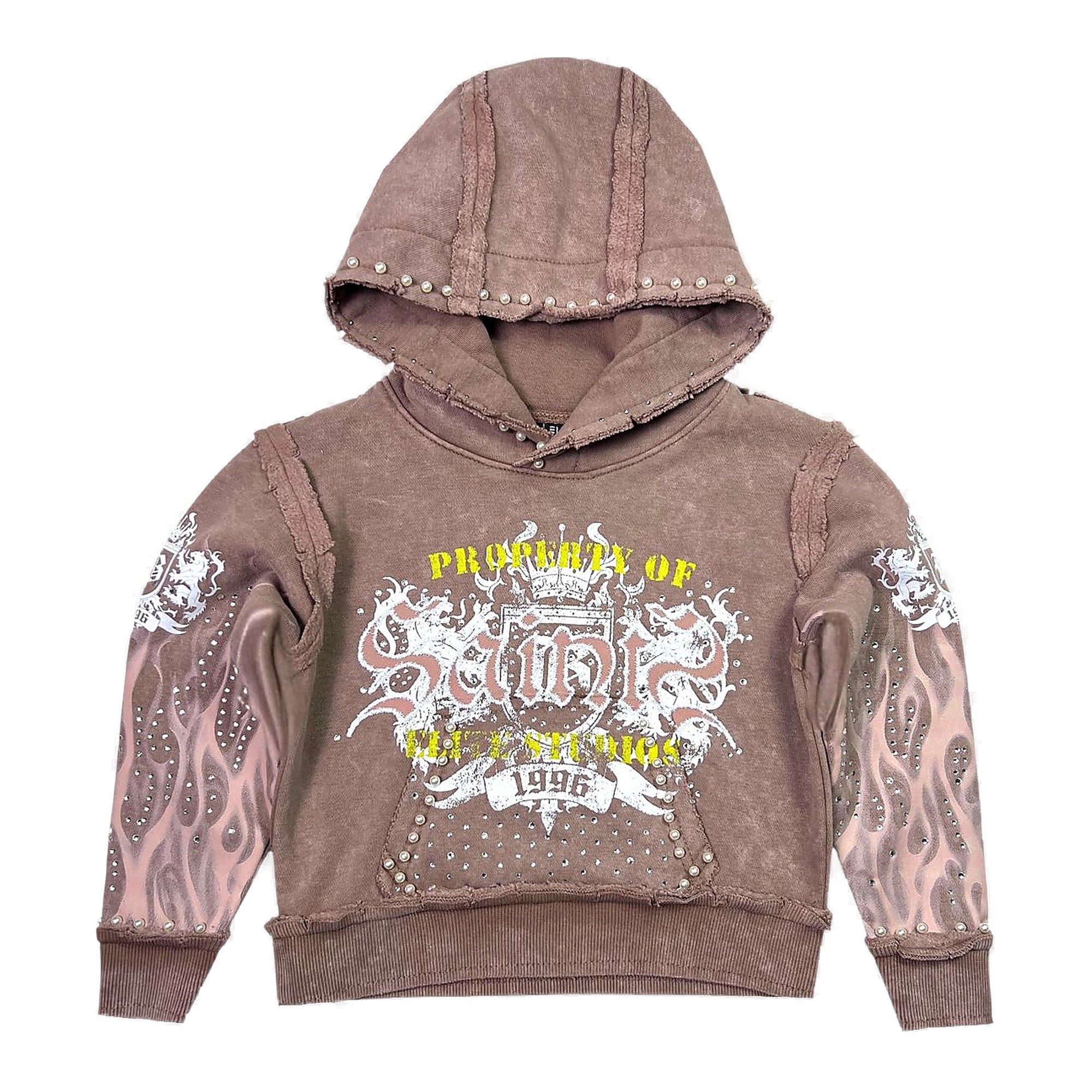Elite Premium Saints Washed Rhinestone + Pearls Hoodie Kids - Brown
