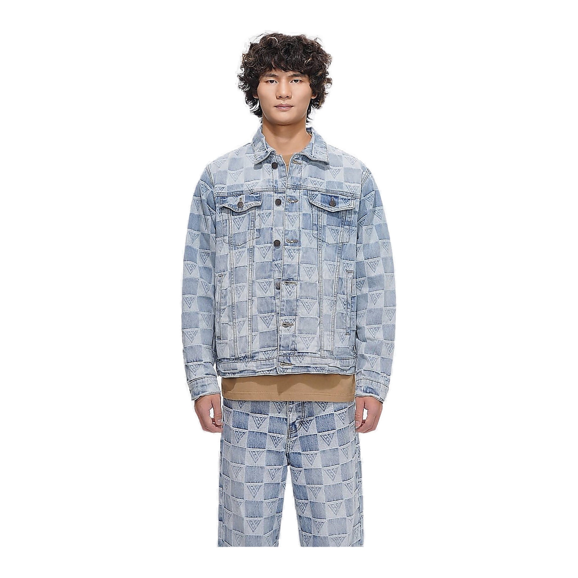Valabasas Check Trucker Jacket - Tonal Pattern Light Blue Wash