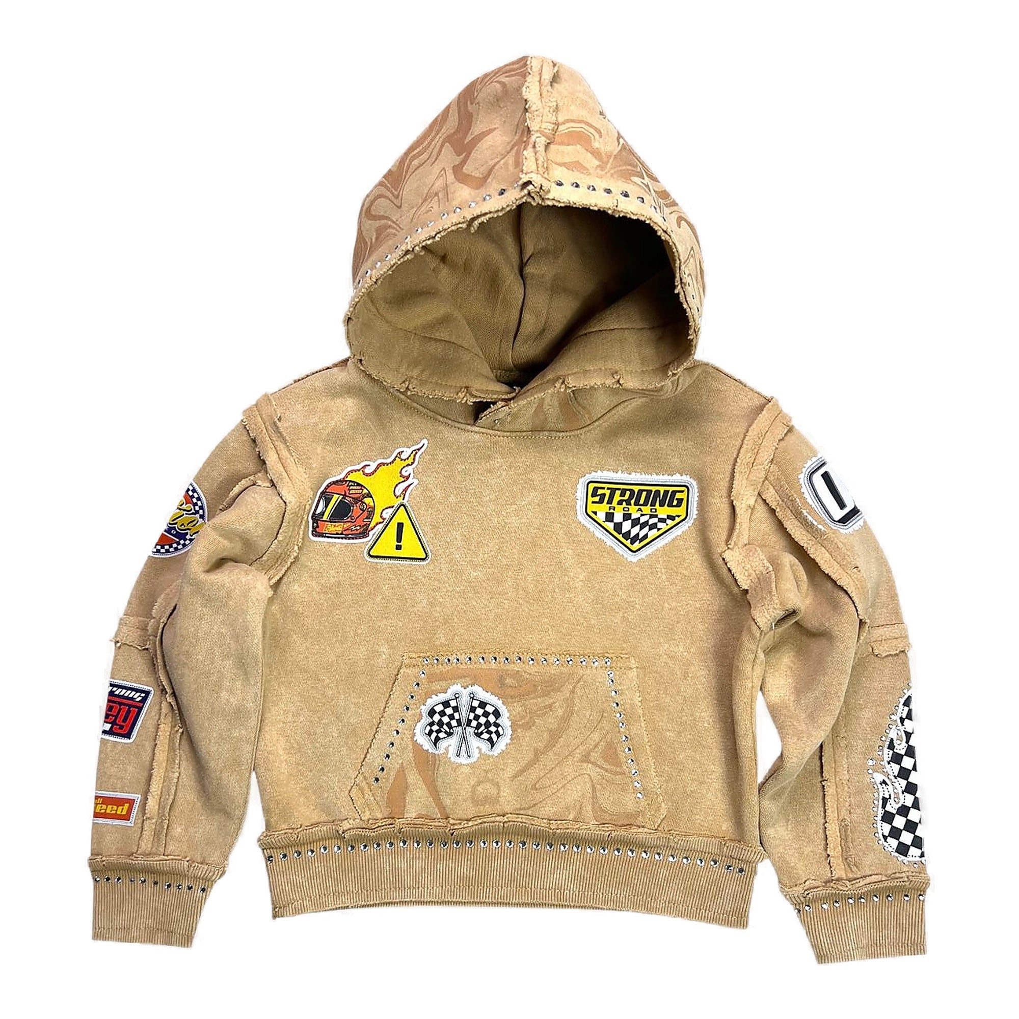 Elite Premium Youth Strong Washed Rhinestone Hoodie - Beige