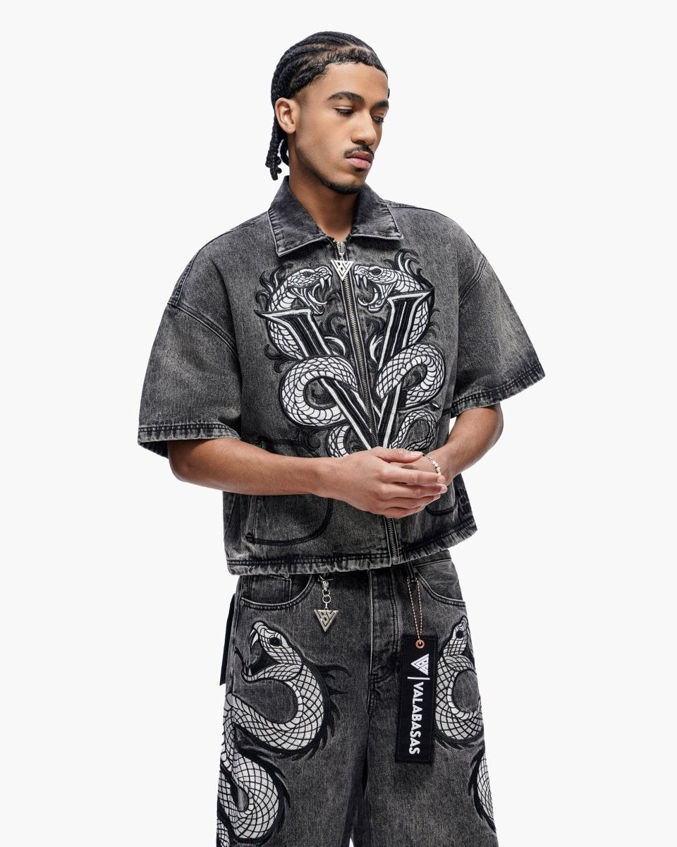 Frostscale Denim Short Sleeve Zip Up Grey Wash - Valabasas