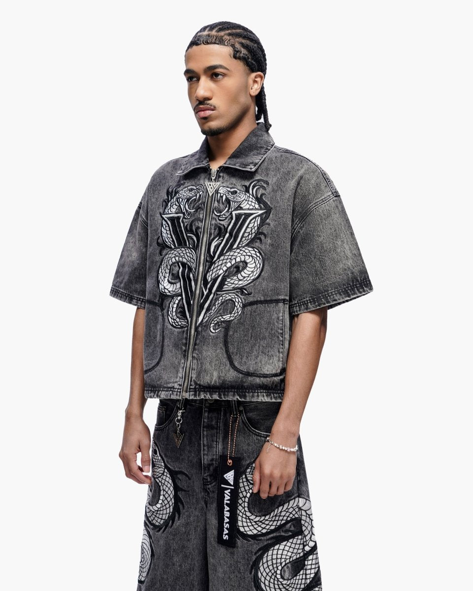 Frostscale Denim Short Sleeve Zip Up Grey Wash - Valabasas