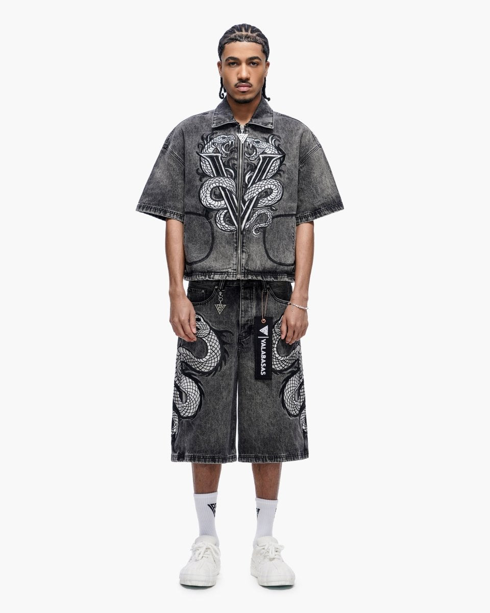 Frostscale Denim Short Sleeve Zip Up Grey Wash - Valabasas