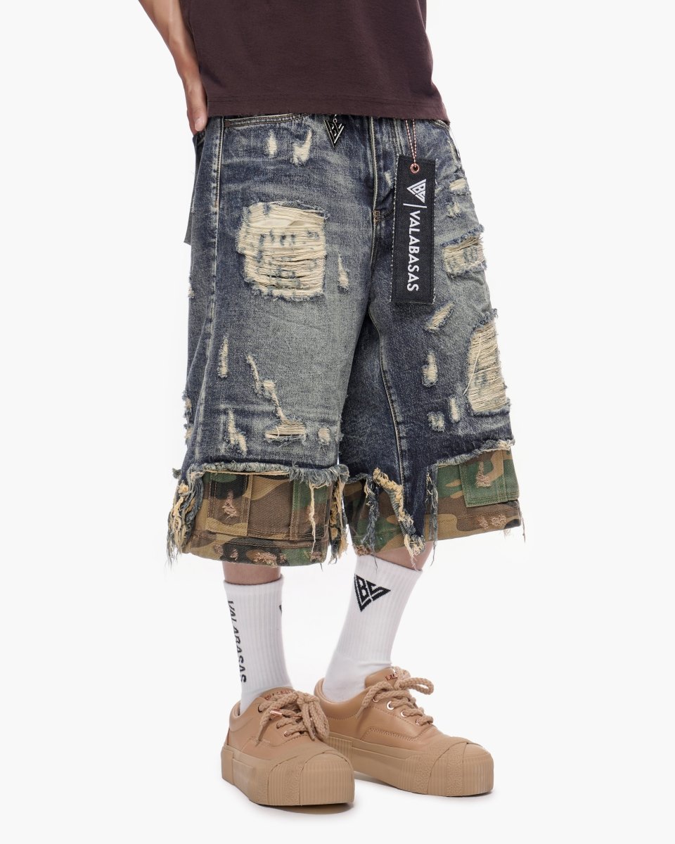 VALABASAS Plunder Jorts Dark Blue Wash front right style full-length view