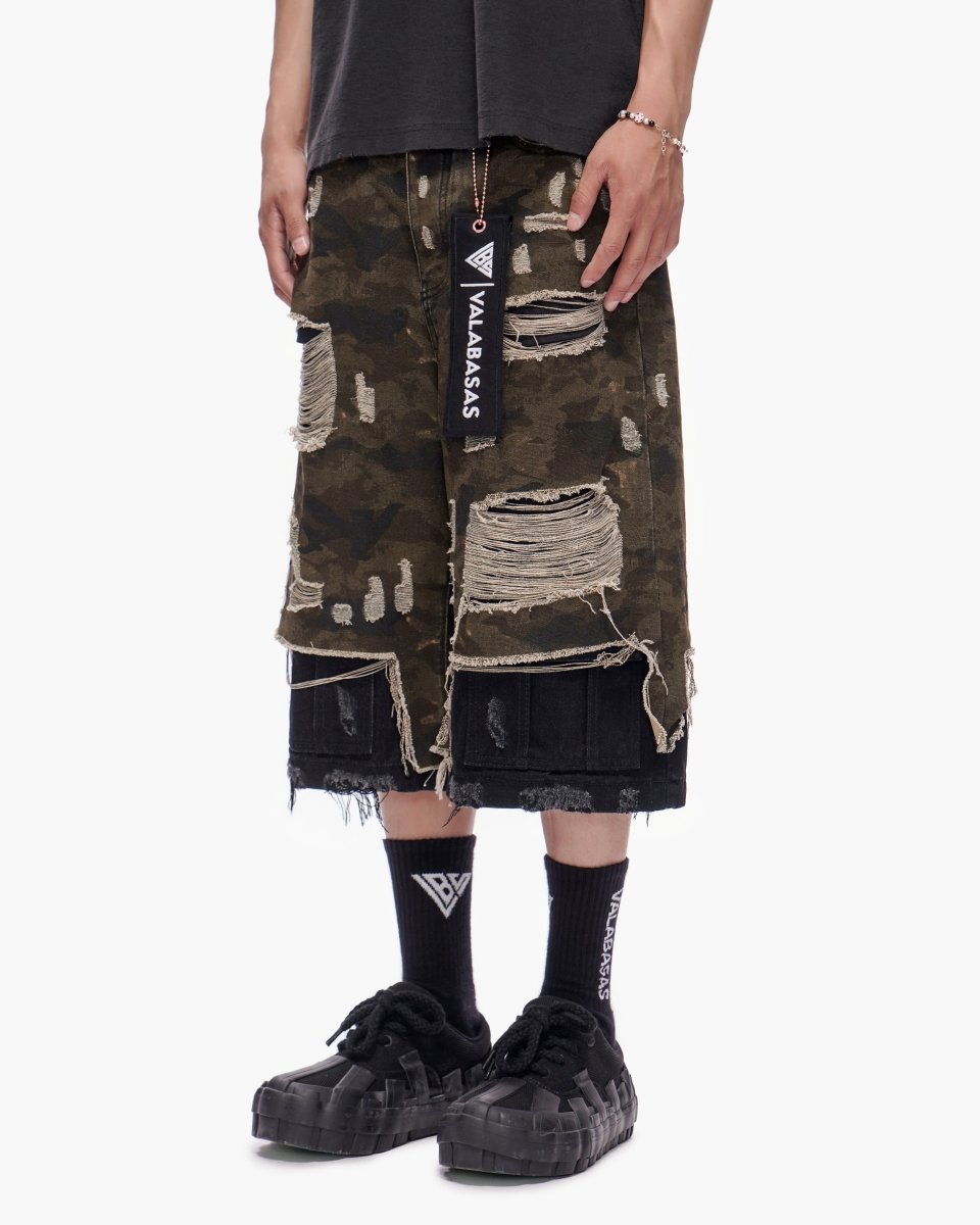 VALABASAS Plunder Jorts Dark Green Camo front left full-length view