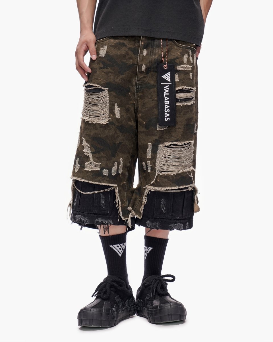 VALABASAS Plunder Jorts Dark Green Camo front style full-length view