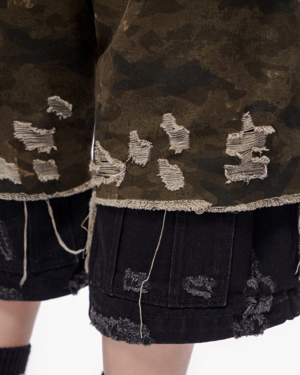 VALABASAS Plunder Jorts Dark Green Camo bottom full-closeup view