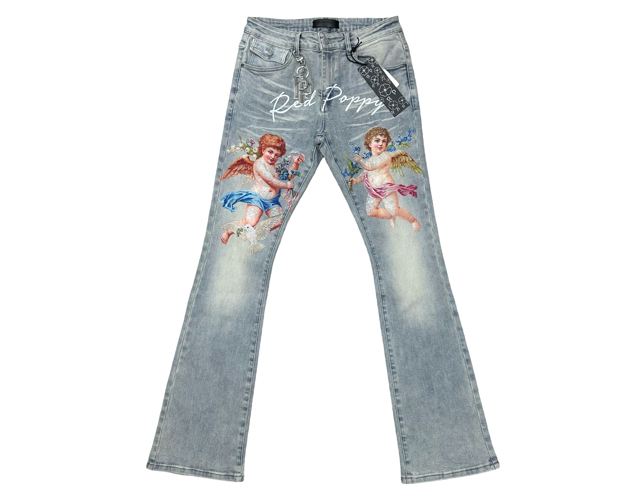 Denim jeans with angel illustrations and 'Red Poppy' branding on a white background