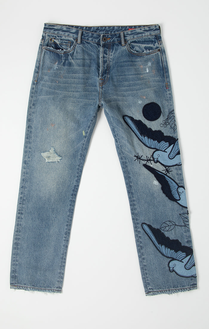 Bldg4 Flock Jeans with Bird Embroidery