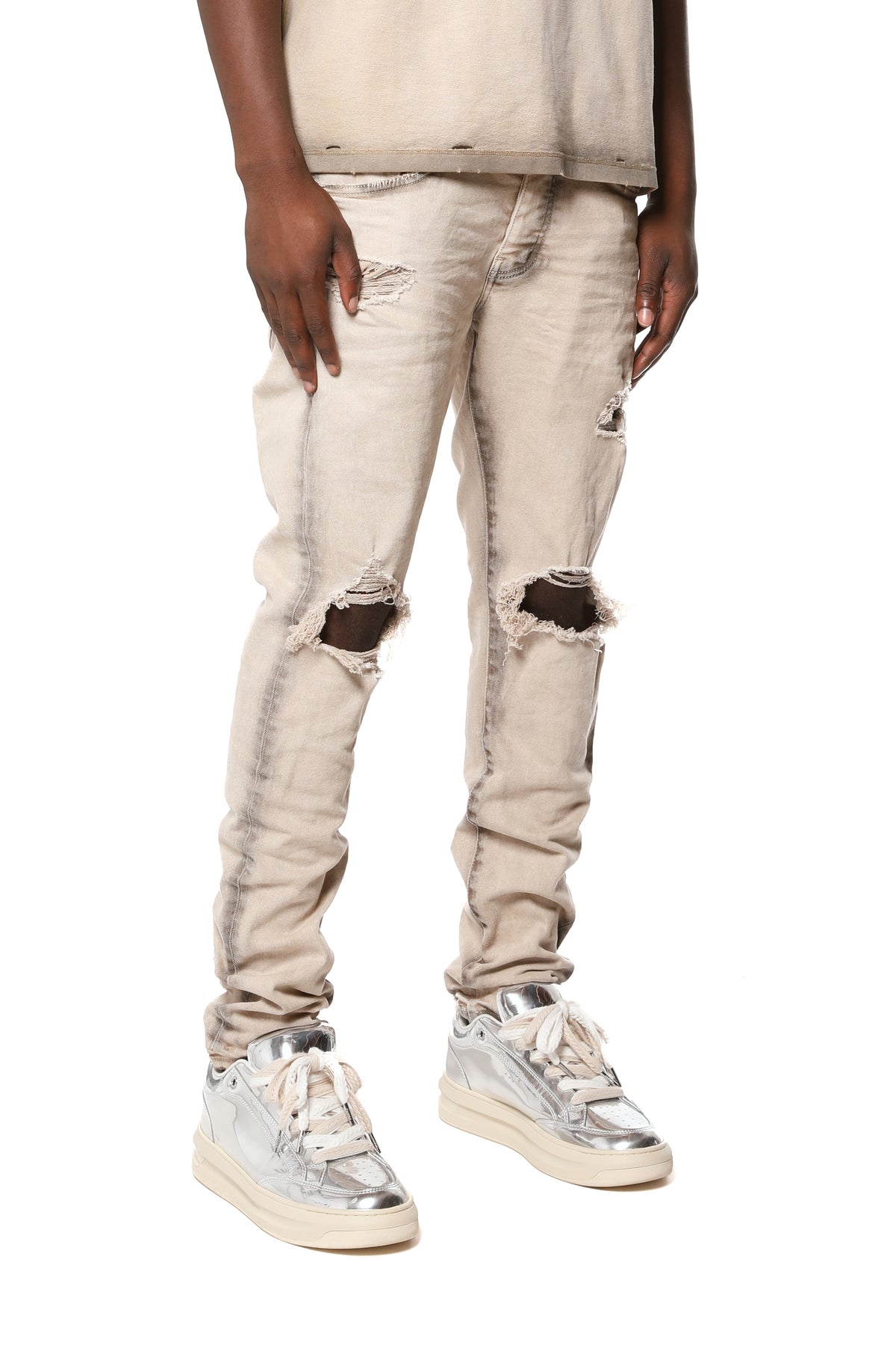 PURPLE BRAND Skinny Coated Seam Jeans – Tan