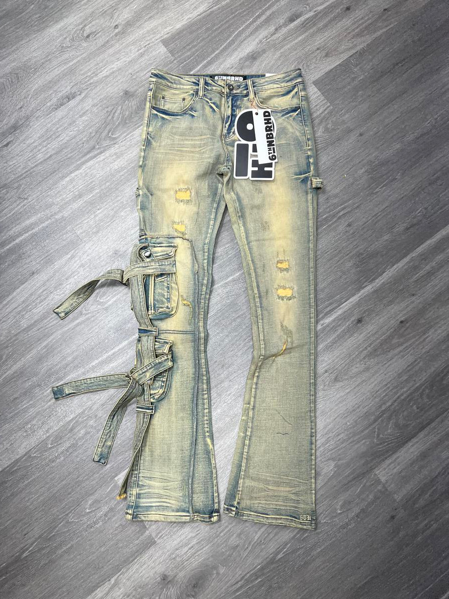 6TH-D2403 "IRON" LEATHER DENIM STACKED-LT VINTAGE