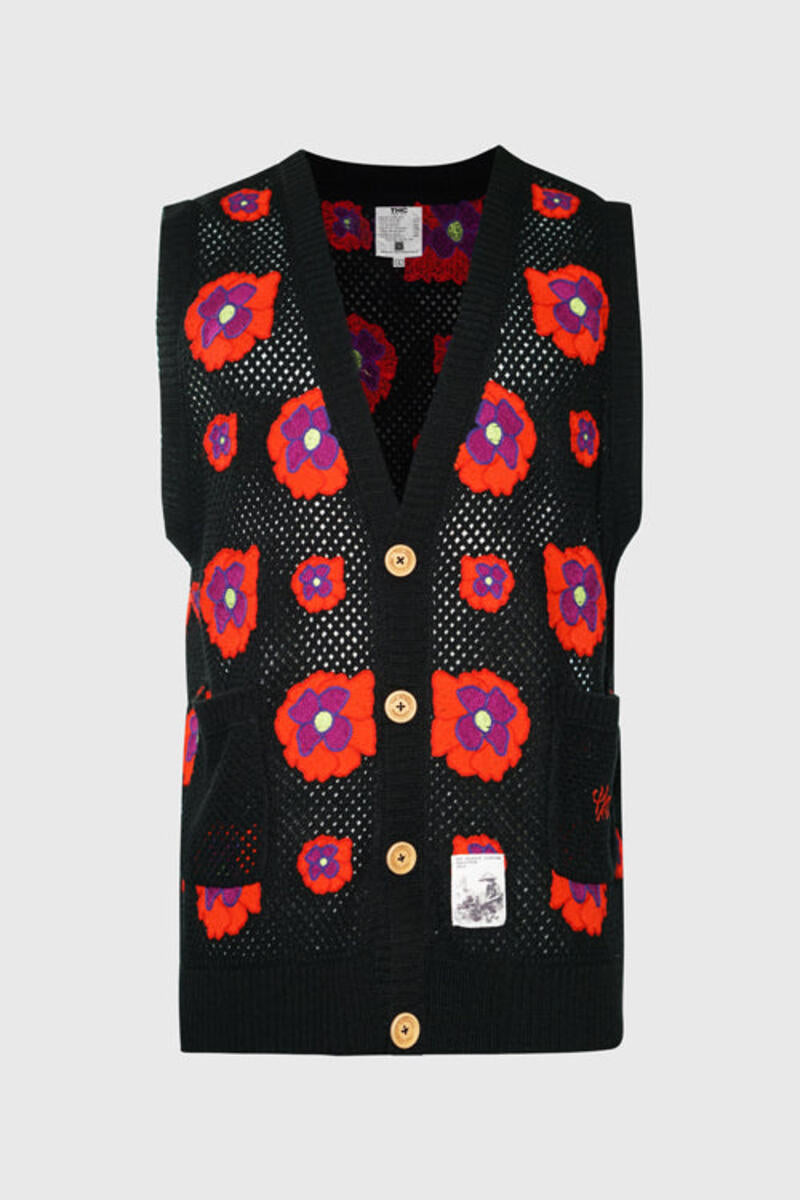 OPIUM-SLESS OPIUM POPPY FLOWER CARDIGAN BLACK