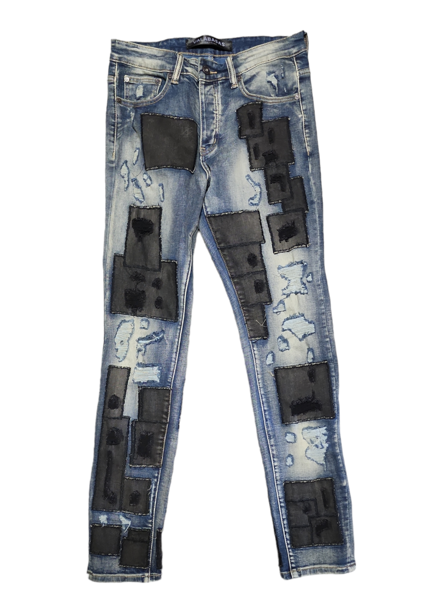 VLBSSK002 "PANELS" SKINNY DENIM JEANS BLUE/BLACK