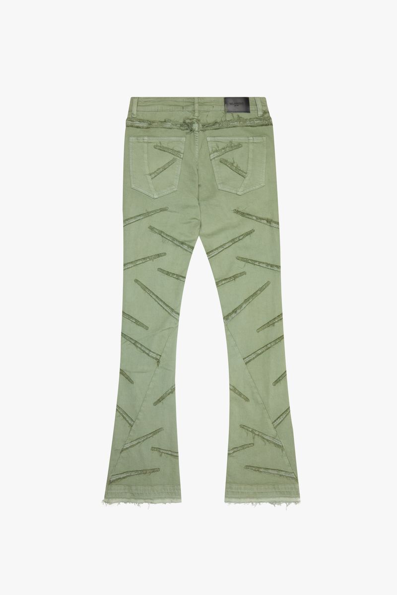 "SABER" OLIVE WASHED STACKED FLARE JEAN