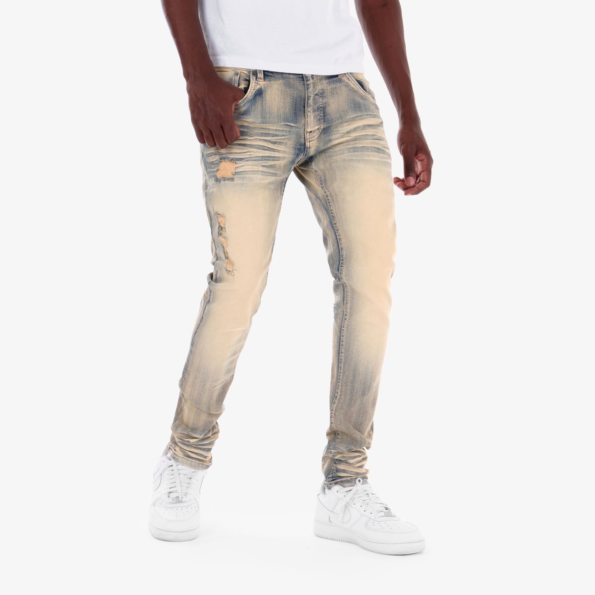 Copper Rivet Whisker Jeans - Distressed