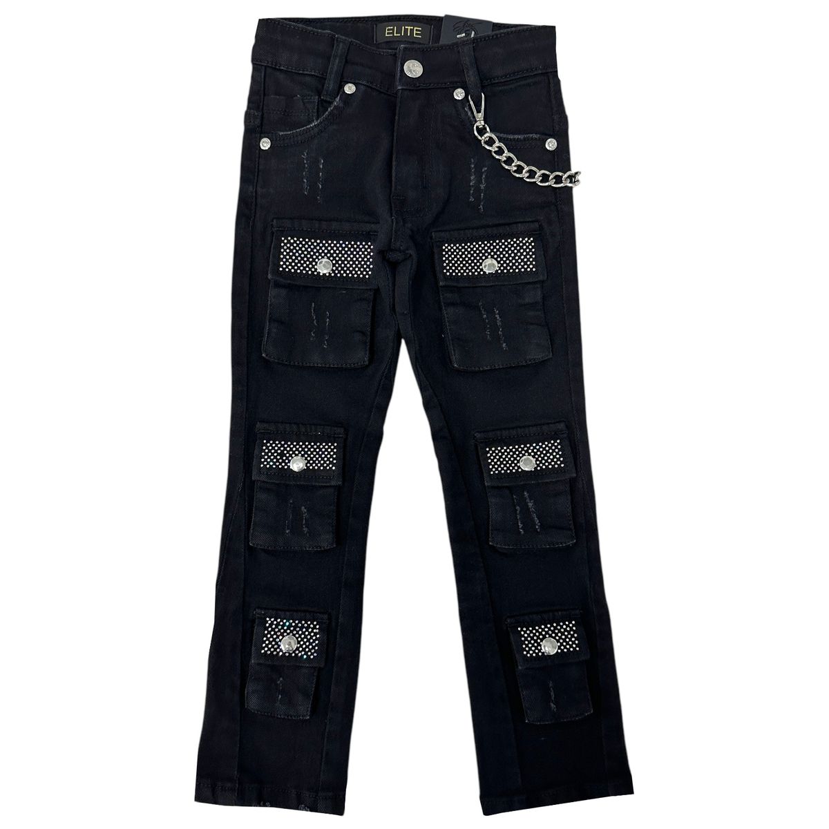 Elite Premium Rhinestone Youth Stacked Cargo Jeans - Black