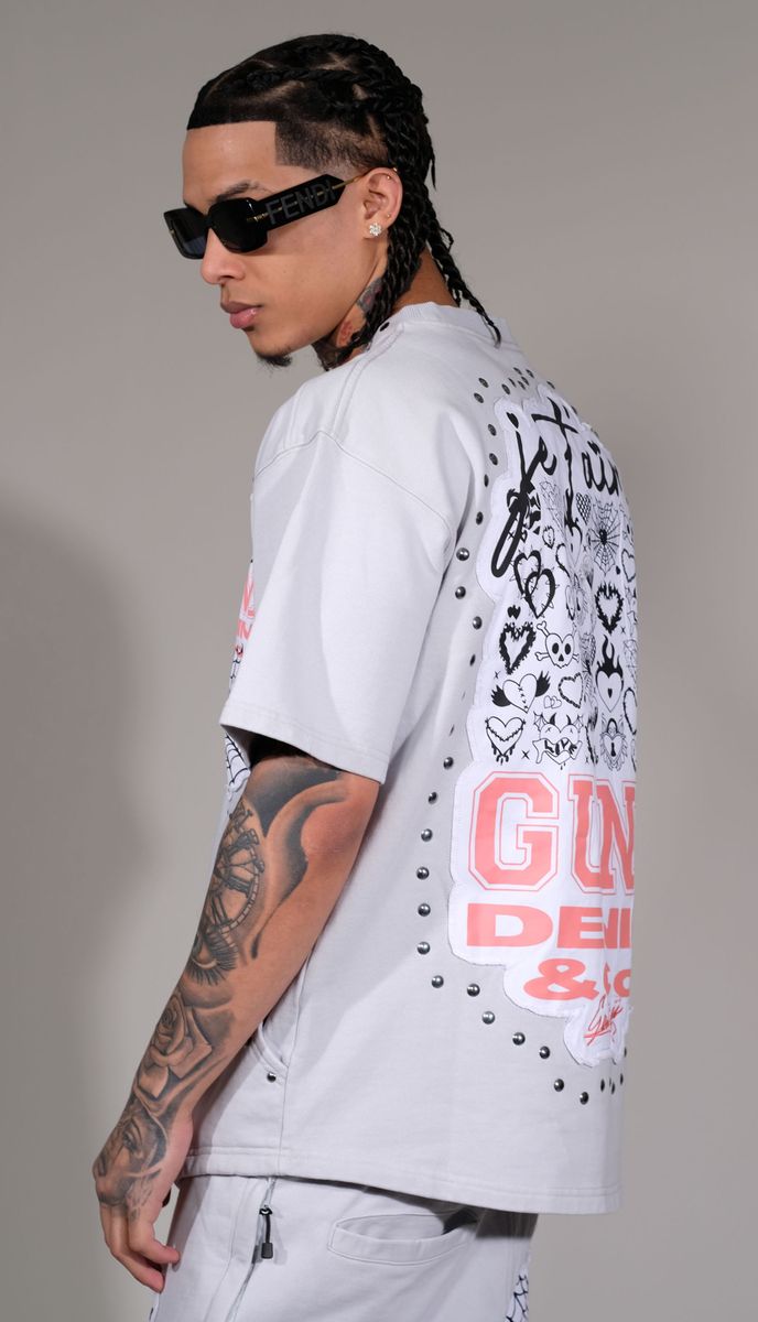 Gunz Denim Graphic Studded T-Shirt – Light Grey