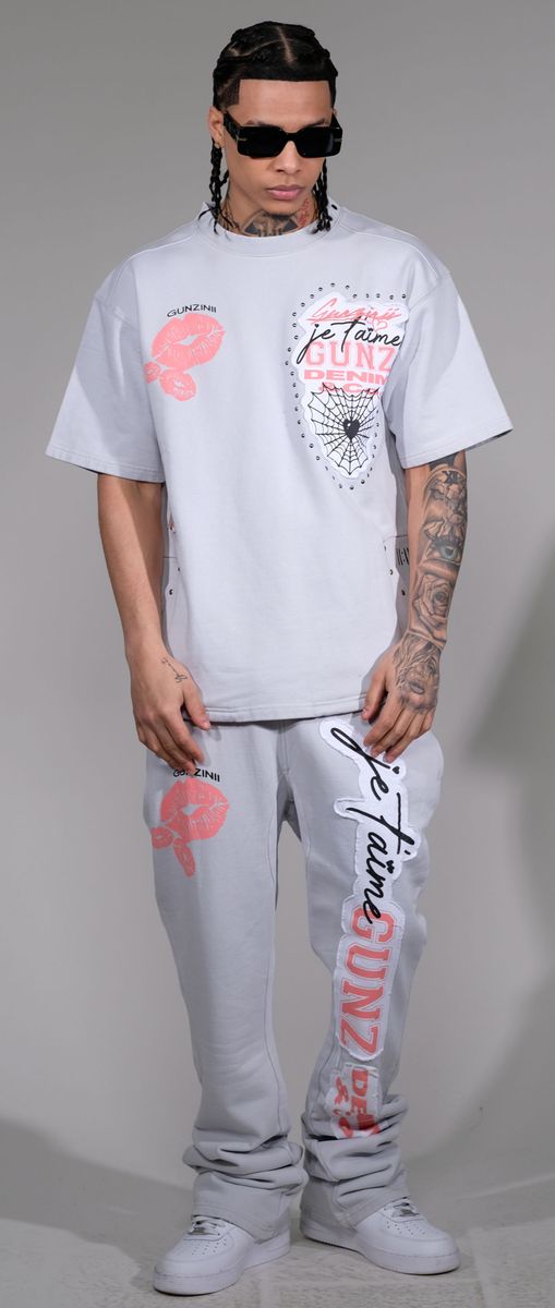 Gunz Denim Script Graphic Stacked Pants – Light Grey