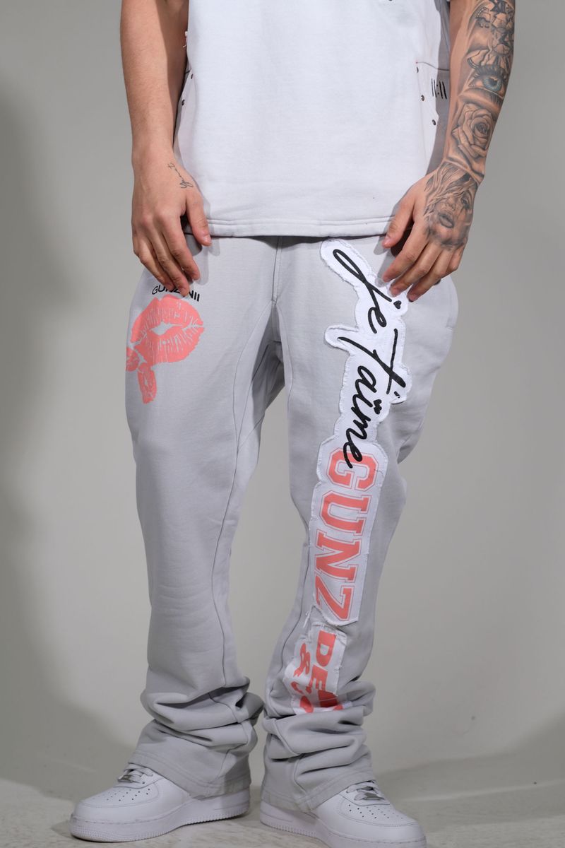 Gunz Denim Script Graphic Stacked Pants – Light Grey