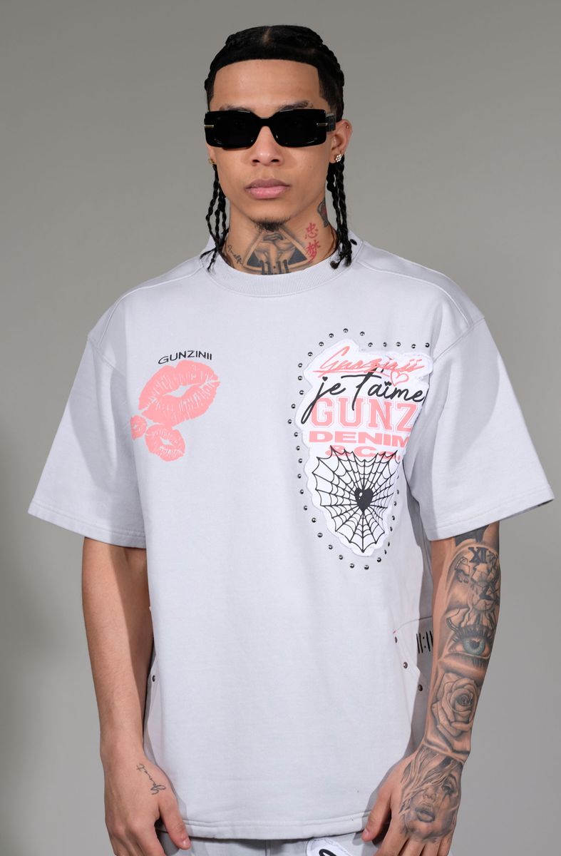 Gunz Denim Script Graphic Stacked Pants – Light Grey