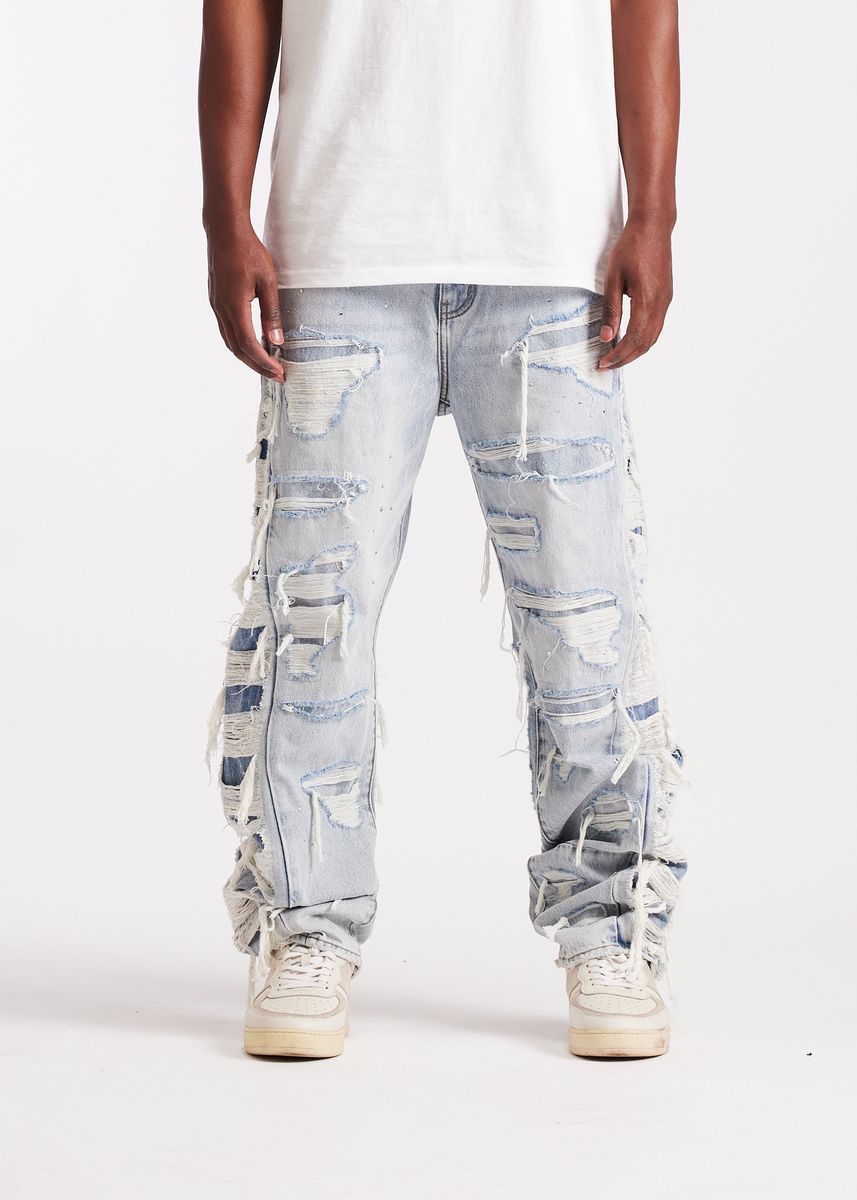 Embellish Shatter Fit Baggy Denim Jeans - Light Wash