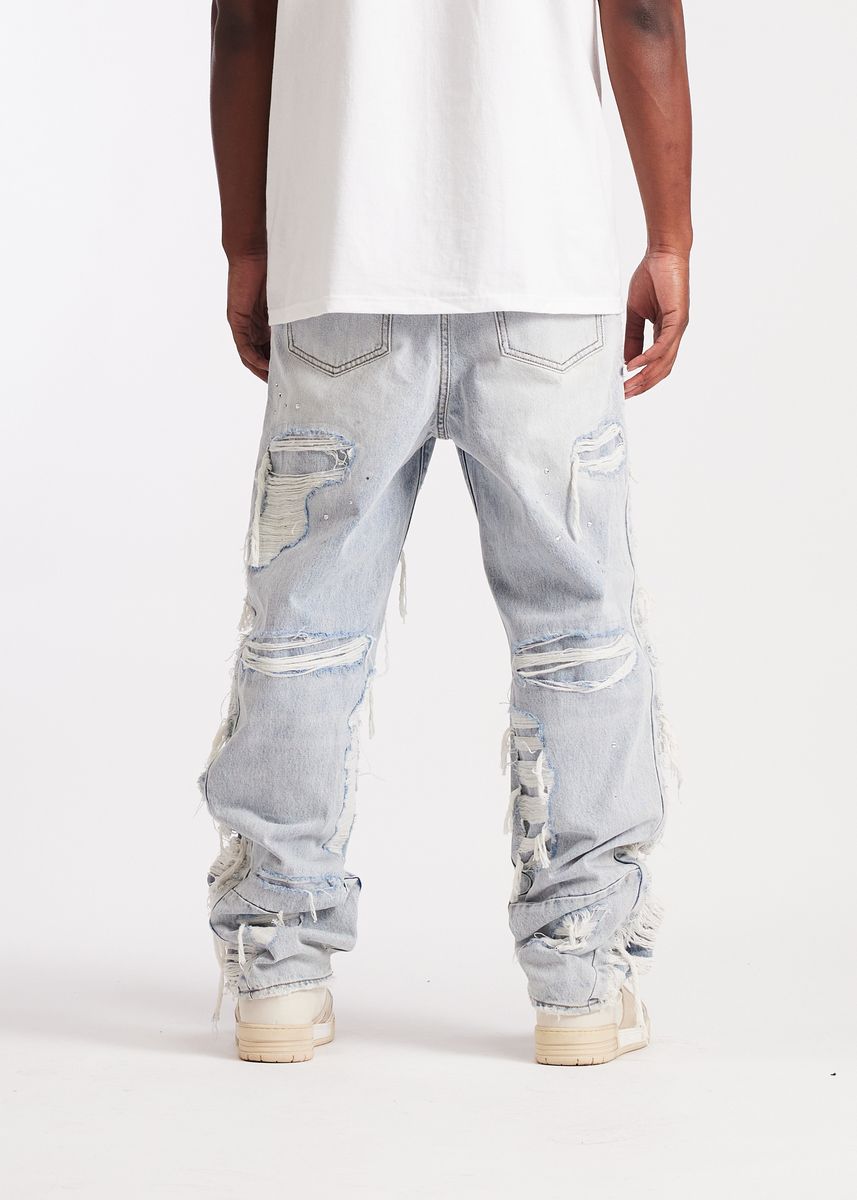 Embellish Shatter Fit Baggy Denim Jeans - Light Wash
