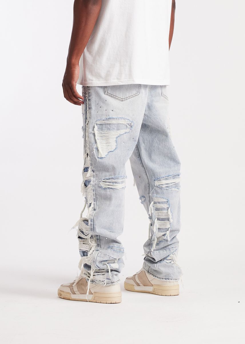Embellish Shatter Fit Baggy Denim Jeans - Light Wash