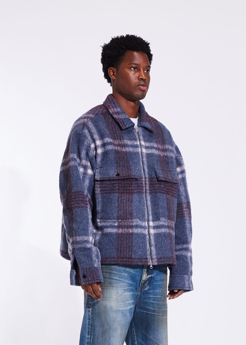 Crysp Blue Plaid Mohair Shacket Men's - Warm and Stylish