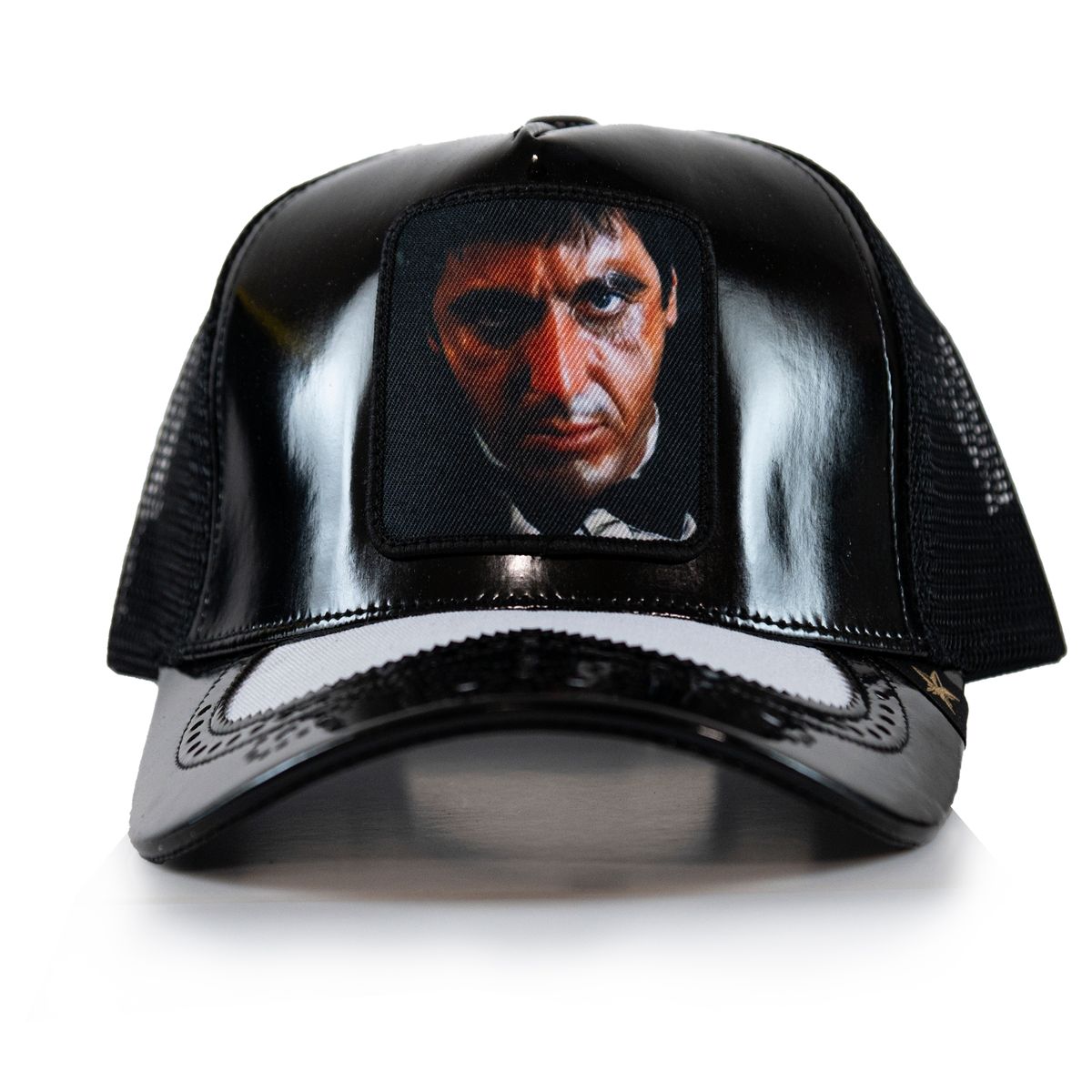 Gold Star Style Scar Face Black Glossy Trucker Hat