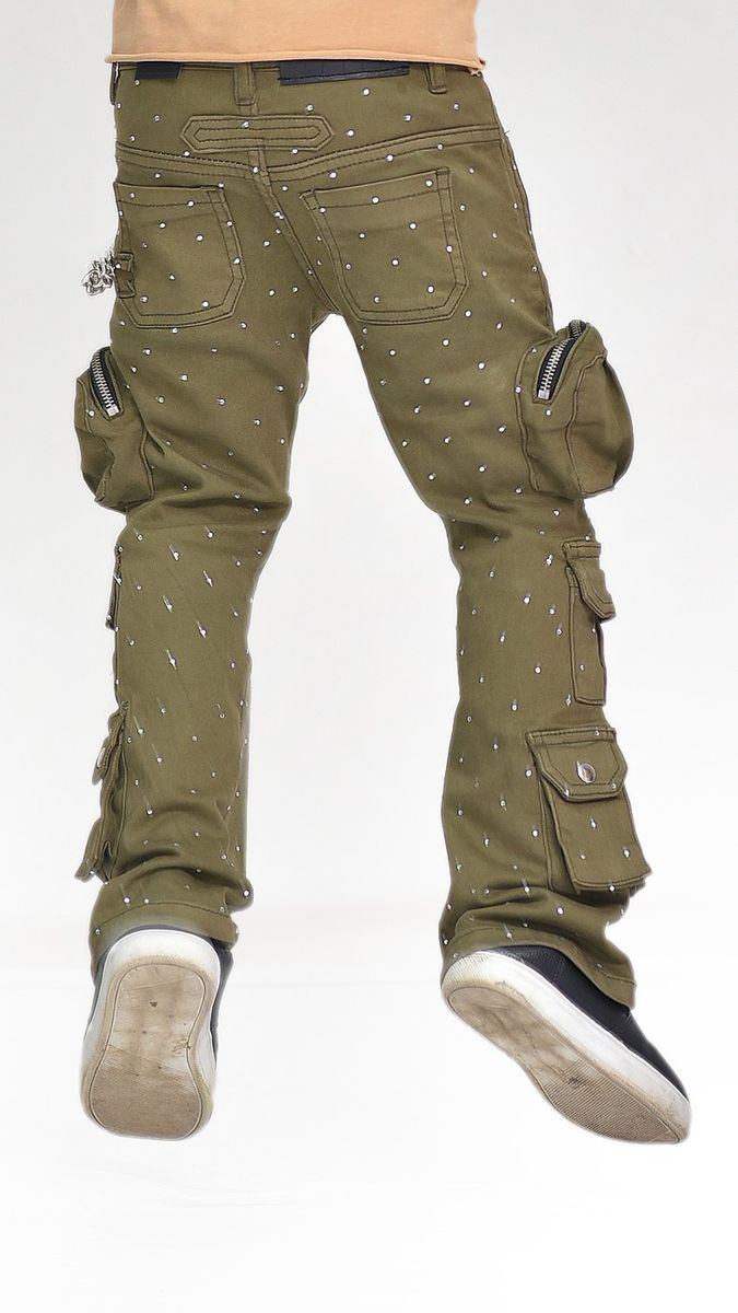 Elite Premium Cuban Link Chain Kids Jeans - Olive Color