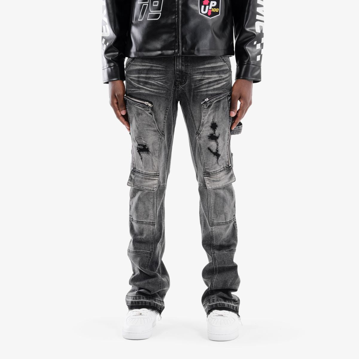 Copper Rivet Distressed Cargo Pants - Zippered
