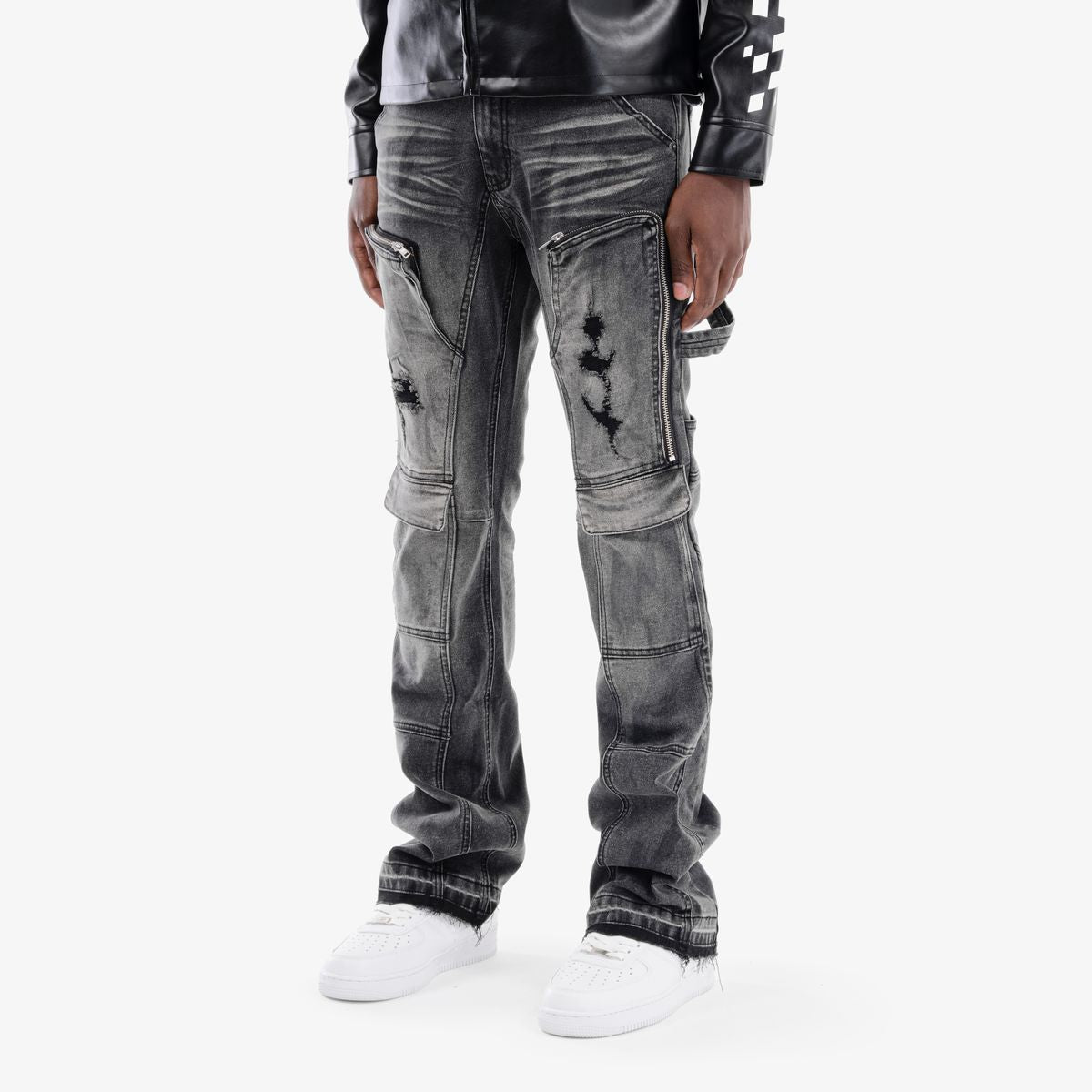 Copper Rivet Distressed Cargo Pants - Zippered