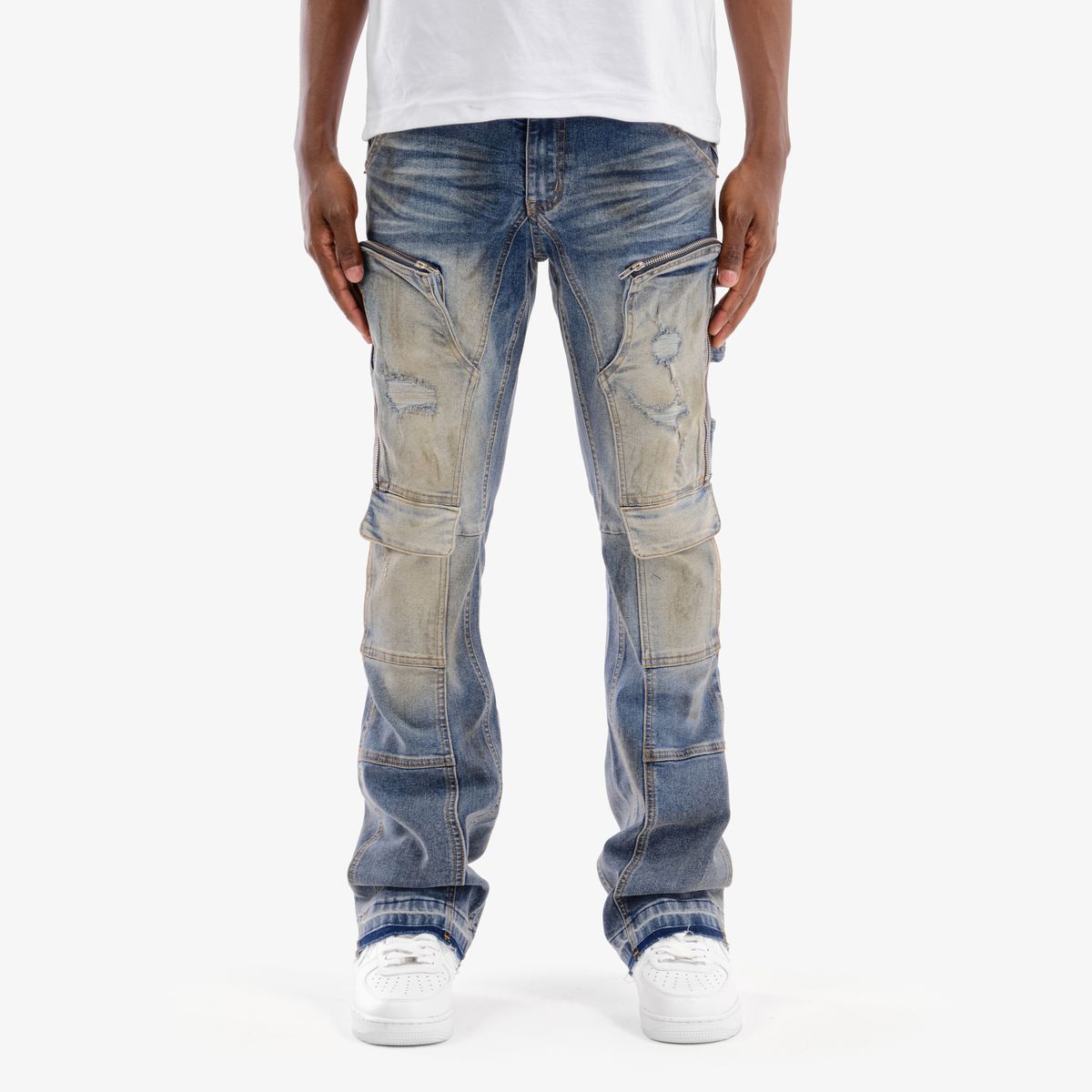 Copper Rivet Zipper Cargo Pants - Stacked