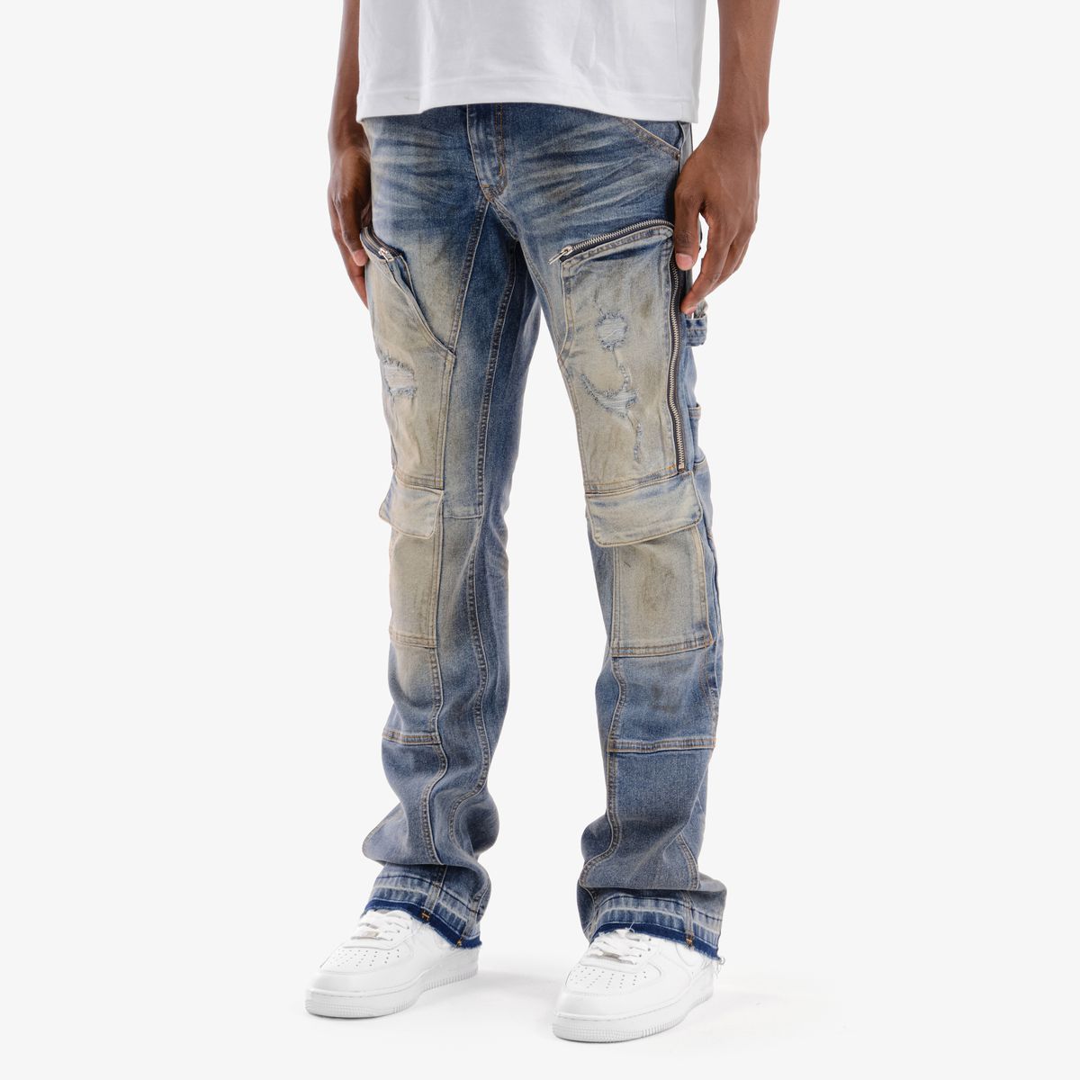 Copper Rivet Zipper Cargo Pants - Stacked