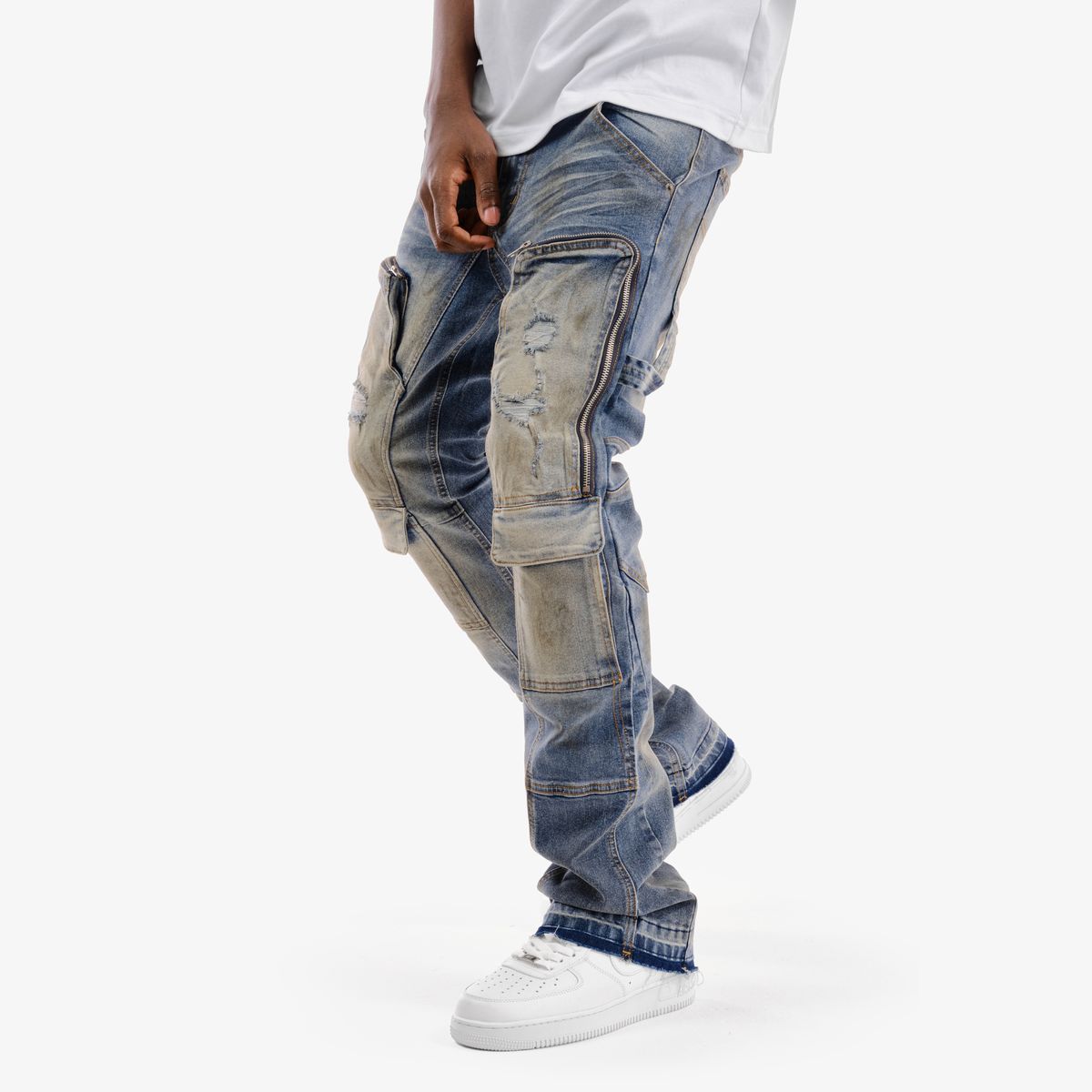 Copper Rivet Zipper Cargo Pants - Stacked