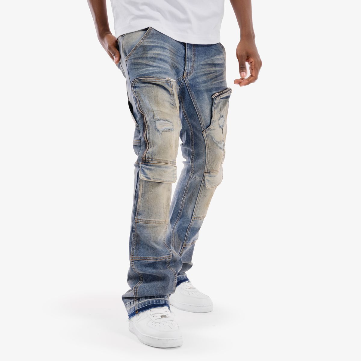 Copper Rivet Zipper Cargo Pants - Stacked
